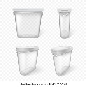 Empty plastic food containers realistic transparent with white cap on white background. Set of boxes mockup for food and products storage. 3d vector illustration