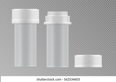 Empty plastic or glass transparent medical jar with cap. Container with clean surface. Blank template of packaging. Realistic 3d mock-up of package. Vector illustrations of medicine pack