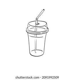 Vaciar la taza de plástico helado con ilustración de paja dibujada mano vectorial aislada en el arte de la línea de fondo blanca.