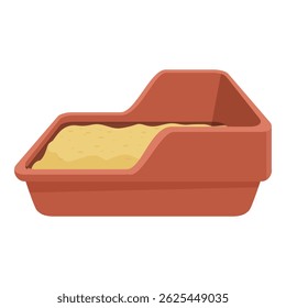 La caja de arena plástica vacía con arena está de pie y esperando a la mascota