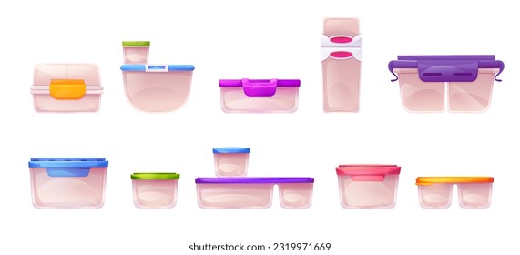 Empty plastic lunch food box container isolated vector. Clear reusable lunchbox package storage for dessert or homemade dish to take. Colored kitchenware with airtight cover illustration design set