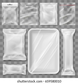 Empty plastic packaging illustration - snack product and food container branding mock up template design isolated background