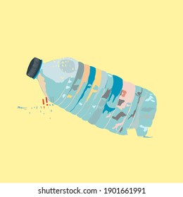 Botella de plástico usado vacía en la playa. Contaminación plástica, ilustración vectorial plana