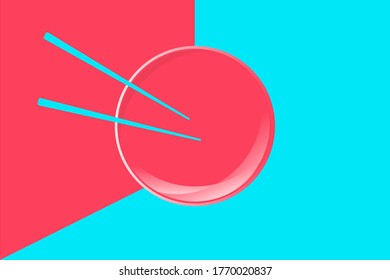 Empty plate and chopsticks lie on the table, vector image of ceramic dishes in pink and blue. All elements are isolated.