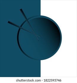Empty plate and chopsticks on the table, with background blue and white. All elements are isolated.