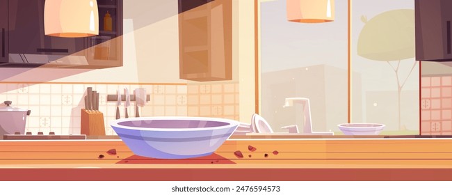 Empty plate and crumb on dining table in kitchen interior background. Ceramic container and snack crunchy on wood desk at home. Disappear dessert from bowl on counter surface in morning design