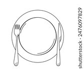 Empty plate with cutlery, food plate, fork, knife, plate, outline image