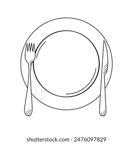 Empty plate with cutlery, food plate, fork, knife, plate, outline image