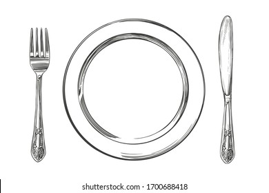 empty plate, Cutlery knife and fork, time to eat, hand drawn vector illustration realistic sketch