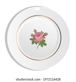 Empty plate, dish, cap with floral ornament. Isolated on white background. Home, restaurant, cafe design. Interior, circle, botanical, floristic, flowers, gloss, polish, food, kitchen, cooking.