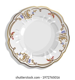 Empty plate, dish, cap with floral ornament. Isolated on white background. Home, restaurant, cafe design. Interior, circle, botanical, floristic, flowers, gloss, polish, food, kitchen, cooking.