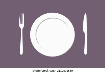 Empty plate, dish with knife and fork, close up top view. Cutlery for eat. Table setting. Utensil. Dishware. Tableware. Food. Dinner. Eating. Breakfast.Lunch. Restaurant.Color flat vector illustration