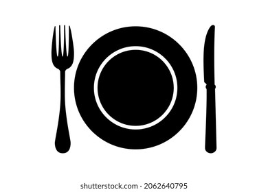 Empty plate, fork, knife, clipping path, cutlery isolated on white background. Vector illustration.
