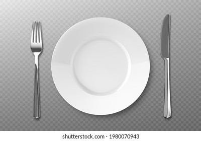 Empty plate, fork and knife. Cutlery isolated on transparent background, top view