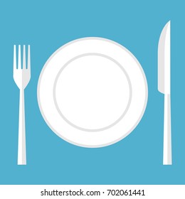 Empty plate, fork and knife isolated on blue background. Top view. Eating, healthy lifestyle and diet concept. Flat design. Vector illustration. EPS 8, no transparency