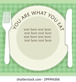empty plate with fork and knife on stripped background banner