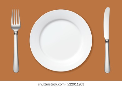 Empty Plate With Fork And Knife On The Table. Vector Illustration