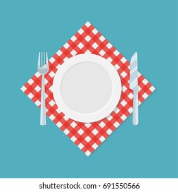 Plato vacío, tenedor y cuchillo en mantel o servilleta de cuadros rojos. Plantilla de logotipo de restaurante o cafetería. Icono de la espera de comida. Ilustración del vector