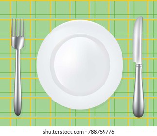 Empty plate with fork and knife on green tablecloth, vector