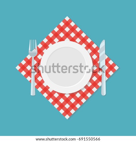 Empty plate, fork and knife on red checked tablecloth or napkin. Restaurant or cafe logo template. Waiting for meal icon. Vector illustration