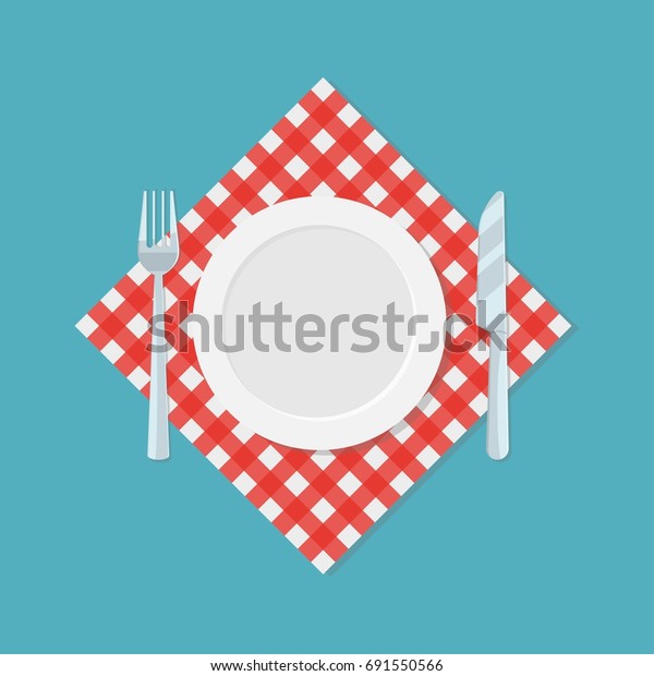 赤いチェックテーブルクロスやナプキンの上に空の皿 フォーク ナイフ レストランまたはカフェのロゴテンプレート 食事のアイコンを待っています ベクター イラスト のベクター画像素材 ロイヤリティフリー