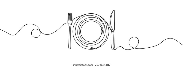 Empty plate with a fork and knife one continuous line drawing. Cutlery set . Menu sign . Cafe symbol set line art.