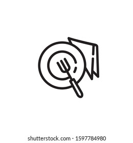 Empty plate with fork and napkin thin line icon. Table setting, dining restaurant isolated outline sign. Cooking concept. Vector illustration symbol element for web design and apps