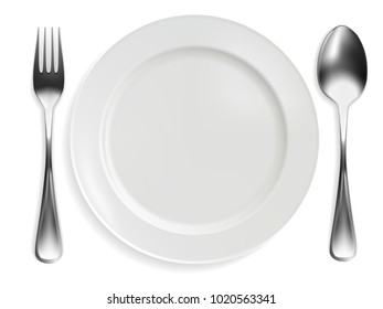empty plate, fork and spoon on white background. realistic design. vector illustration.
