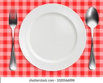 empty plate, fork and spoon on red checkered tablecloth. realistic design. vector illustration.