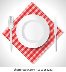 Empty plate, fork and spoon on red checkered tablecloth. Realistic design. Vector illustration esp10.