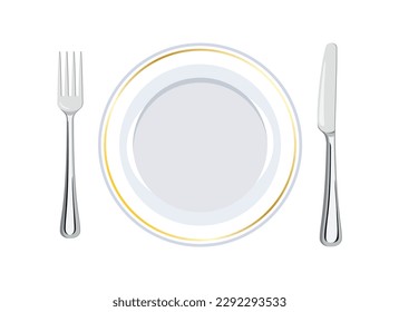 Empty plate, fork and table knife top view icon set vector. Clean white plate with gold rim and metal cutlery icon vector isolated on a white background