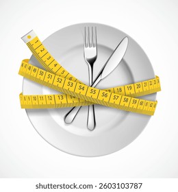 Empty plate with fork and table knife with measuring tape around. Isolated on white background. Vector illustration