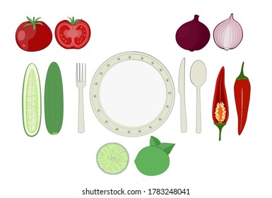 Empty plate and fresh vegetable on white background.Top view
