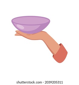Empty plate in hand isolated.hand holds plate. flat style icons. isolated vector illustration.