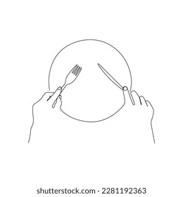 Plato vacío y manos con cubiertos, tenedor y cuchillo. El entorno de la cena. El concepto de restaurante. Una línea de arte. Ilustración vectorial.