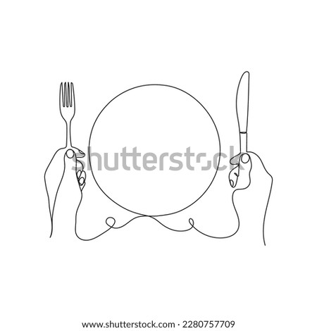 Empty plate and hands holding cutlery, fork and knife. Dinner place setting. Restaurant concept in one line drawing style. Vector illustration.