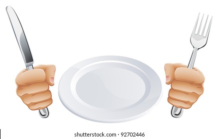 Empty plate   hands holding knife   fork cutlery