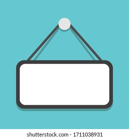 Empty plate hanging on turquoise blue background, copy space. Notice, message, information and advertisement sign template. Flat design. EPS 8 vector illustration, no transparency, no gradients