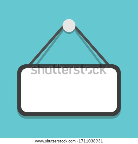 Empty plate hanging on turquoise blue background, copy space. Notice, message, information and advertisement sign template. Flat design. EPS 8 vector illustration, no transparency, no gradients