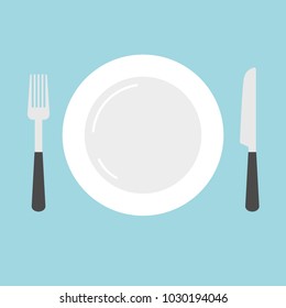 Empty plate, knife, fork. Flat style. A dish for food. Vector.