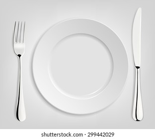 Empty plate with knife and fork isolated on white. Vector EPS10 illustration. 