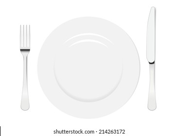 Empty plate with knife and fork on a white background. 