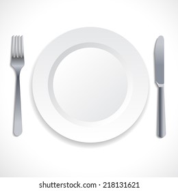 Empty plate, knife and fork on the isolated background. Vector art.