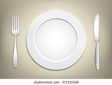 Empty plate, knife and fork on a light brown mesh background. Tableware set. Dishes for a meal. Empty template to put your food on the plate.