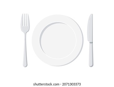 Empty plate with knife and fork set isolated on a white background. Top view silver cutlery and white ceramic serving plate for food design template. Vector flat design cartoon style illustration.