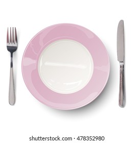 Empty plate in light rosy design with knife and fork isolated. View from above.