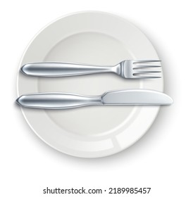 Empty Plate Mockup Cutlery On Top. Finished Meal Sign