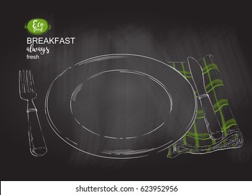 Empty plate on napkin with knife and fork. top view. vector chalk drawing on the blackboard illustration