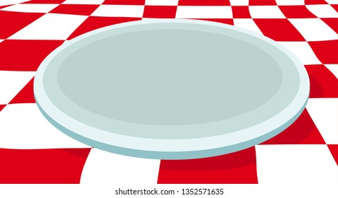 empty plate on red white crossed table in italian restaurant