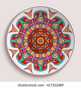 Empty plate with ornamental border, decorative porcelain saucer with bright round pattern, vector illustration